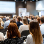 Professionals networking, listening intently to keynote speaker sharing knowledge in crowded conference hall with collaborative energy