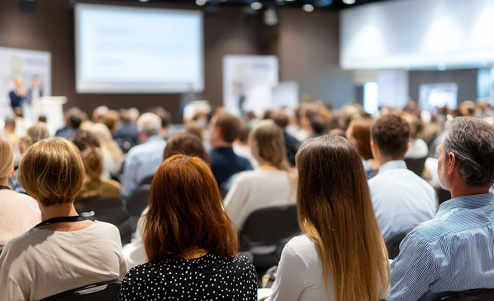 Professionals networking, listening intently to keynote speaker sharing knowledge in crowded conference hall with collaborative energy